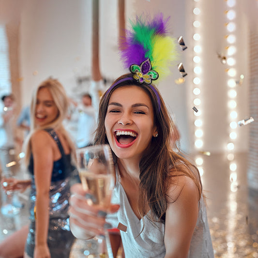 Green Clown Pattern Festive Mardi Gras Feather Headband Set - 10 Pack Sequin Jester Hat Party Accessory