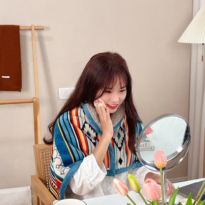 Double-Sided Geometric & Plush Throw Blanket - Warm 70x100cm Multi-Use Wrap(Color stripes/Back side light brown)