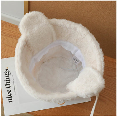 Plush Bucket Hat with Ear Flaps,Warm Furry Winter Hat in White-One size (54-59cm) adjustable