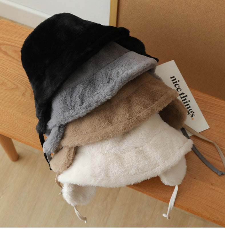 Plush Bucket Hat with Ear Flaps,Warm Furry Winter Hat in Khaki-One size (54-59cm) adjustable