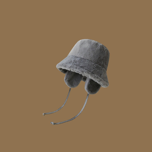 Plush Bucket Hat with Ear Flaps ,Warm Furry Winter Hat in Grey-One size (54-59cm) adjustable
