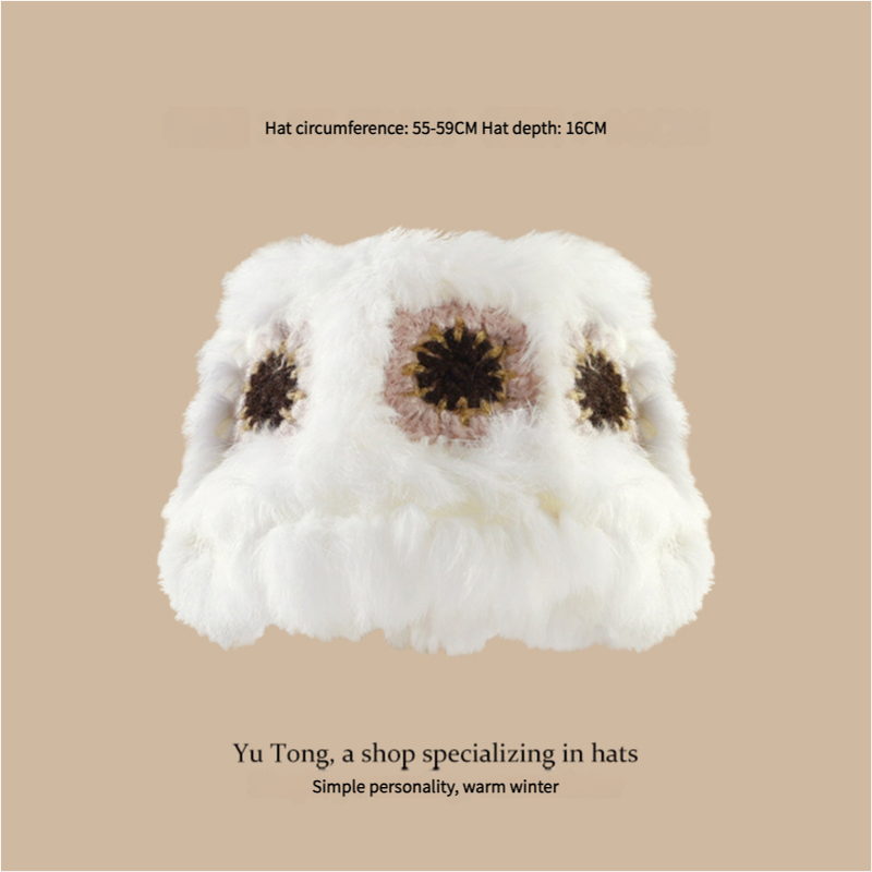 Plush Floral Bucket Hat,Warm Crocheted Winter Hat in White Pink-Hat circumference: 56-60cm