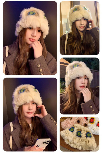 Plush Floral Bucket Hat,Warm Crocheted Winter Hat in Beige-Hat circumference: 56-60cm