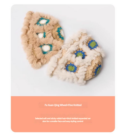 Plush Floral Bucket Hat,Warm Crocheted Winter Hat in White yellow-Hat circumference: 56-60cm