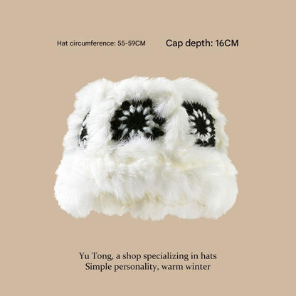 Plush Floral Bucket Hat,Warm Crocheted Winter Hat in Black and White-Hat circumference: 56-60cm