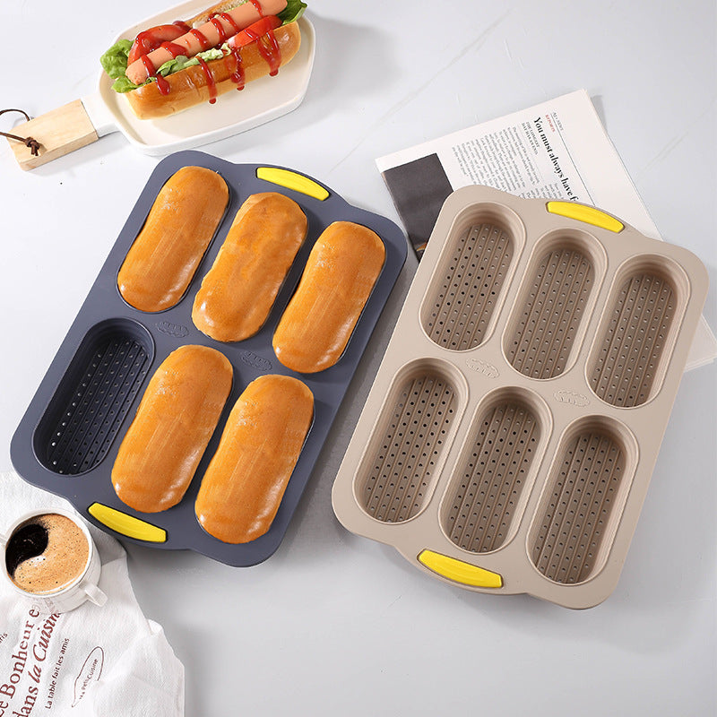 Grey 6-hole silicone baking mold, perforated loaf pan 37.5 cm x 24.5 cm, suitable for bread and cakes (sold in sets of 2)
