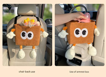 White Cute Cartoon Car Trash Bin with Adjustable Strap - Water-Repellent Corduroy (19x24cm)