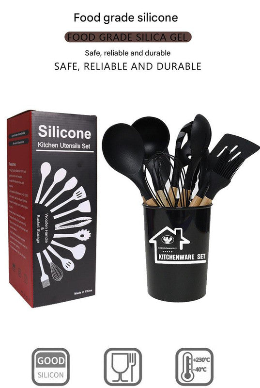 Light Grey 11-Piece Silicone Kitchen Utensil Set with Wooden Handles and Storage Bucket - Heat Resistant and Non-Stick