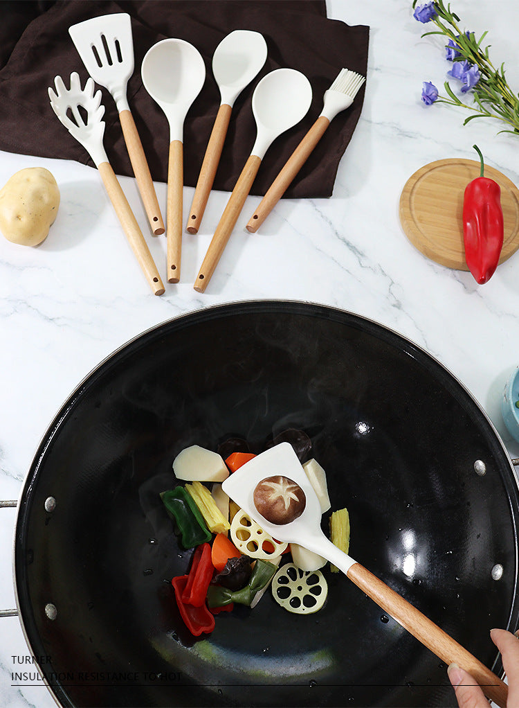 Light Green 11-Piece Silicone Kitchen Utensil Set with Wooden Handles and Storage Bucket - Heat Resistant and Non-Stick