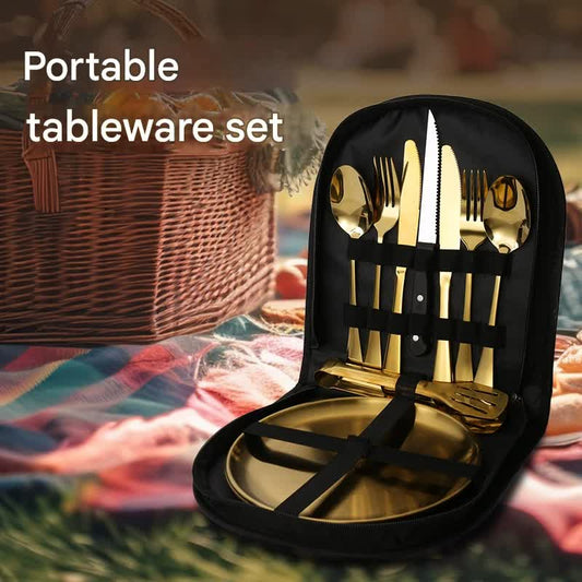 6-Piece Portable Stainless Steel Cutlery Set with Plate and Bag - Silver, Great for Camping and Travel (Steak Knife)