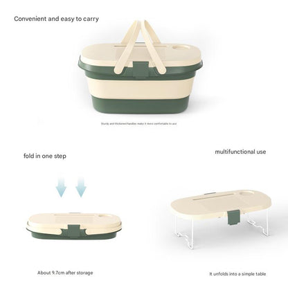 Foldable Picnic Basket with Tray - 16.5L Capacity, White Green, Perfect for Camping and Outdoor Gatherings