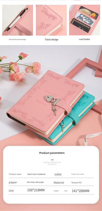 Heart Lock Diary with Key - Vintage Style Journal, Blue PU Leather, Secure and Elegant