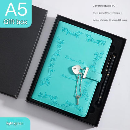 Heart Lock Diary with Key - Vintage Style Journal, Green PU Leather, Secure and Elegant