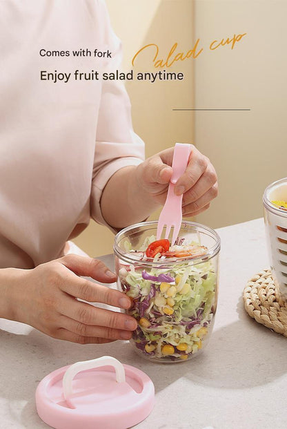Green Double Layer Salad Cup with Fork - Leak-proof Fruit Container, Drain Design, Portable Oatmeal and Picnic Jar