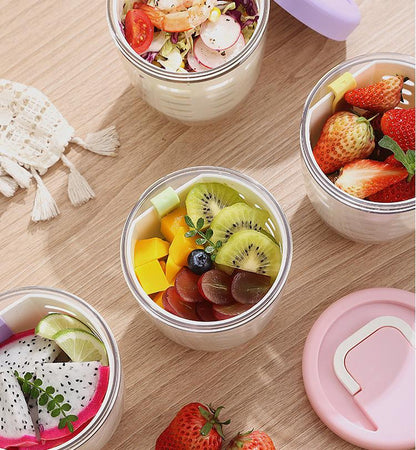 Green Double Layer Salad Cup with Fork - Leak-proof Fruit Container, Drain Design, Portable Oatmeal and Picnic Jar