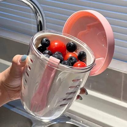Pink Double Layer Salad Cup with Fork - Leak-proof Fruit Container, Drain Design, Portable Oatmeal and Picnic Jar