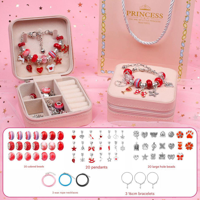 Red Kids DIY Beaded Bracelet Set - Creative Jewelry Making Kit with Princess Gift Box and Display Stand