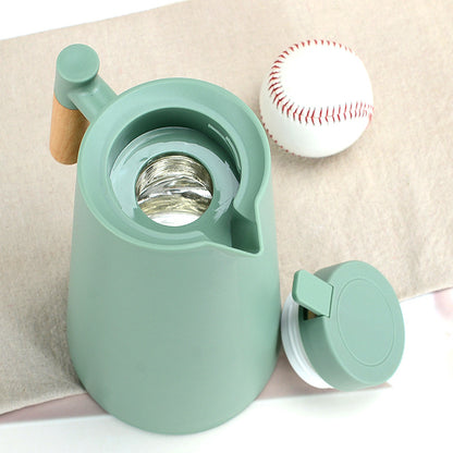 1000ml White thermos bottle with wooden handle, double-layer glass liner coffee pot, suitable for hot and cold drinks