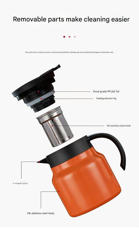 Black 316 Stainless Steel Stewing Tea Kettle with Wooden Handle - Insulated Tea and Coffee Kettle with Infuser for Home and Office