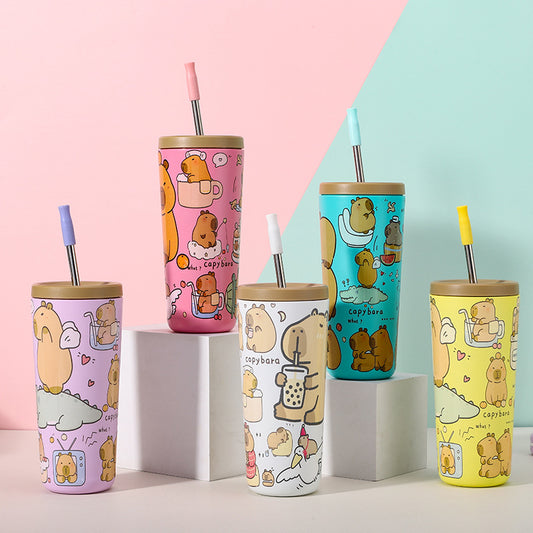 304 Stainless Steel Insulated Tumbler,Cartoon Design Portable Straw Cup for Home and Office(Lotus color)