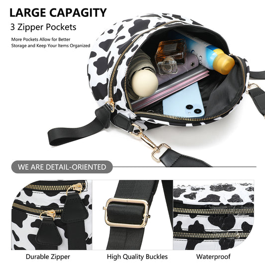 Oxford Cloth Crossbody Bag,Large Capacity Shell-Shaped Fanny Pack with Adjustable Strap(Black and white plaid)