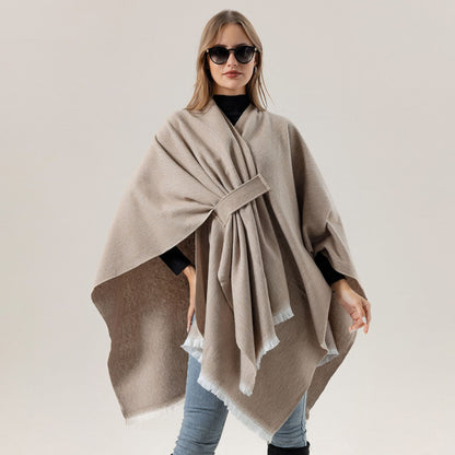 Solid Knit Poncho Shawl,Warm Fall/Winter Cape with Slit and Crossbar Design(Light gray)