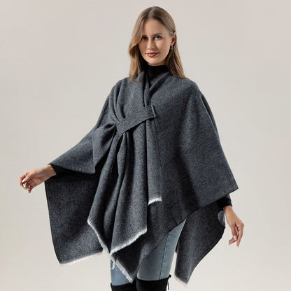 Solid Knit Poncho Shawl,Warm Fall/Winter Cape with Slit and Crossbar Design(Blue)