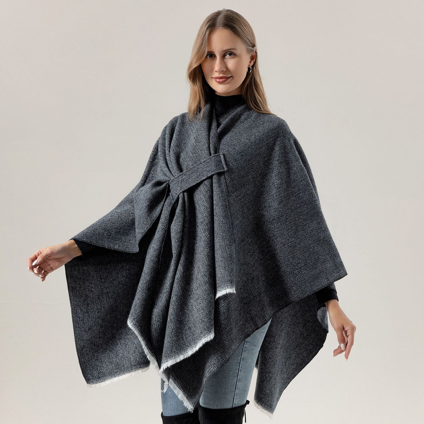 Solid Knit Poncho Shawl,Warm Fall/Winter Cape with Slit and Crossbar Design(Red)