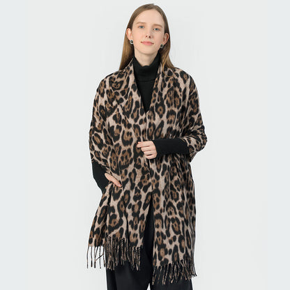 Stylish Animal Print Scarf - Warm Fall/Winter Shawl with Tassels, Imitation Cashmere(Gray)