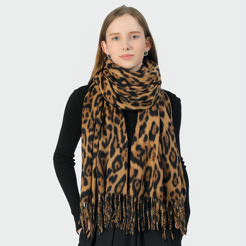 Stylish Animal Print Scarf - Warm Fall/Winter Shawl with Tassels, Imitation Cashmere(Gray-brown)
