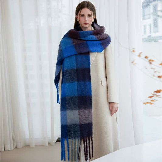 Winter Luxe Warm Oversized Scarf-Cozy Thick Plaid Wrap, European Chic Style(Light blue plaid)