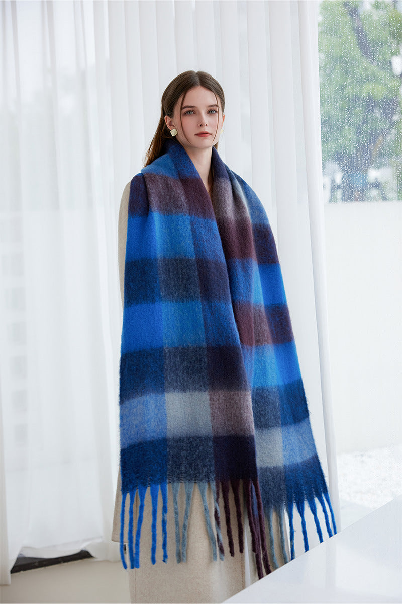 Winter Luxe Warm Oversized Scarf-Cozy Thick Plaid Wrap, European Chic Style(Light blue plaid)