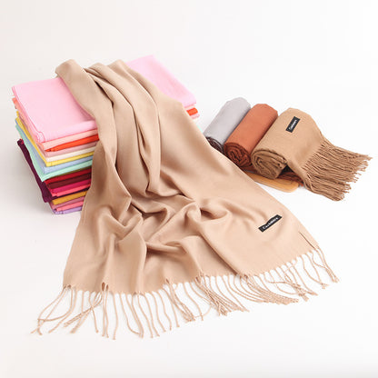 Luxe Soft Imitation Cashmere Scarf - Warm Solid Tone Shawl with Elegant Fringe(Pink)