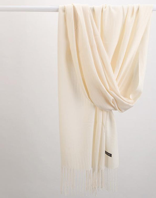 Luxe Soft Imitation Cashmere Scarf - Warm Solid Tone Shawl with Elegant Fringe(Off-white)