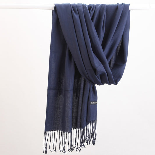 Luxe Soft Imitation Cashmere Scarf - Warm Solid Tone Shawl with Elegant Fringe(Navy blue)