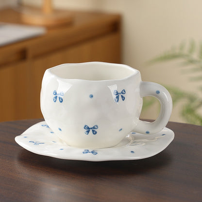Hand-Painted Ceramic Coffee Cup and Saucer Set - Vintage Afternoon Tea(Blue bow)