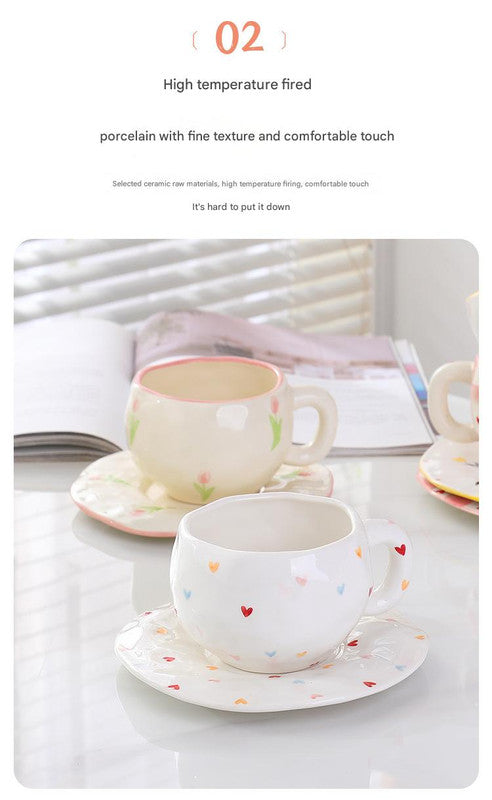 Hand-Painted Ceramic Coffee Cup and Saucer Set - Vintage Afternoon Tea(Small yellow flowers)