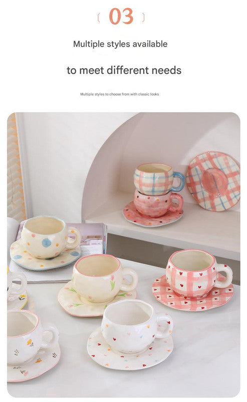 Hand-Painted Ceramic Coffee Cup and Saucer Set - Vintage Afternoon Tea(Small yellow flowers)