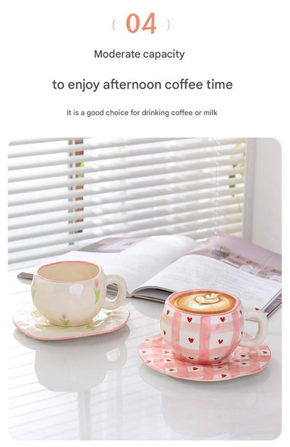 Hand-Painted Ceramic Coffee Cup and Saucer Set - Vintage Afternoon Tea(Small yellow flowers)