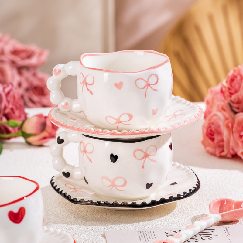 Hand-Painted Ceramic Coffee Mug and Saucer Set - Whimsical Afternoon Tea Cup with Spoon(Blue sky and white clouds)