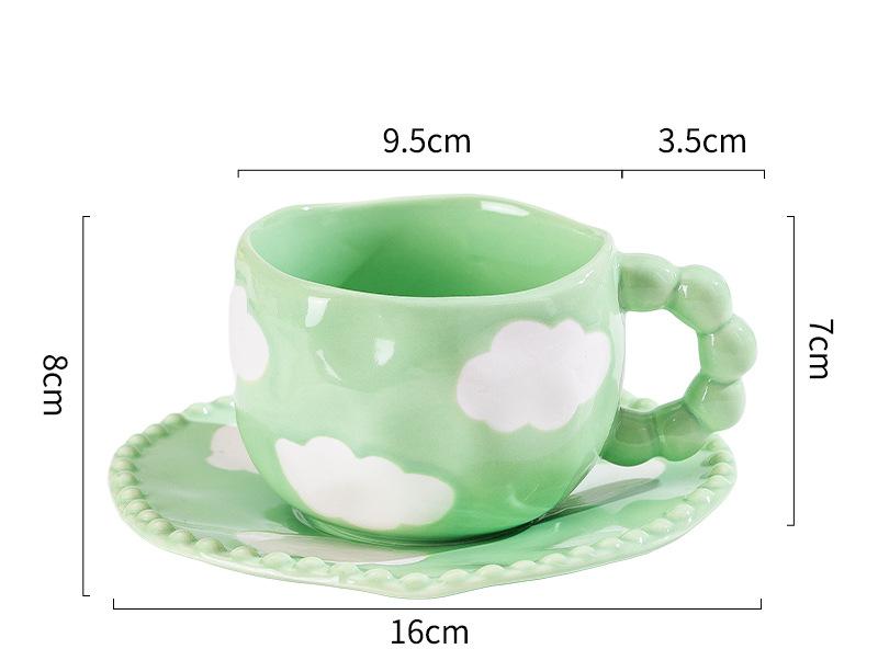 Hand-Painted Ceramic Coffee Mug and Saucer Set - Whimsical Afternoon Tea Cup with Spoon(White cloud-green)
