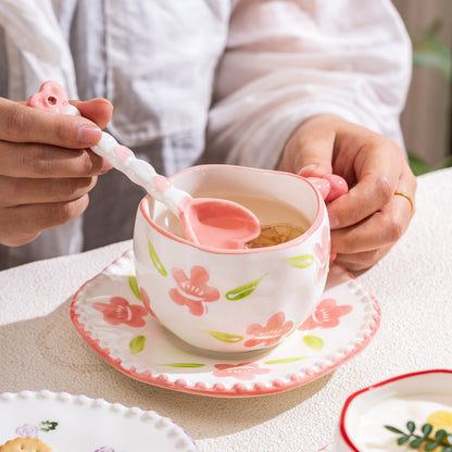 Hand-Painted Ceramic Coffee Mug and Saucer Set - Whimsical Afternoon Tea Cup with Spoon(White cloud-green)