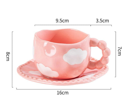 Hand-Painted Ceramic Coffee Mug and Saucer Set - Whimsical Afternoon Tea Cup with Spoon(White cloud-pink)