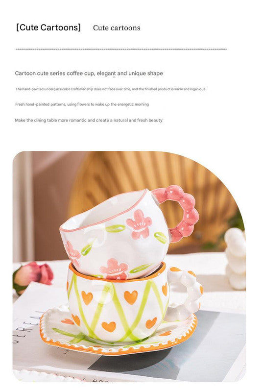Hand-Painted Ceramic Coffee Mug and Saucer Set - Whimsical Afternoon Tea Cup with Spoon(White cloud-pink)