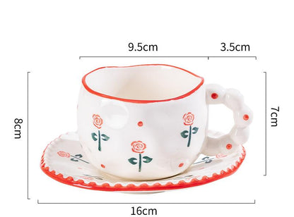 Hand-Painted Ceramic Coffee Mug and Saucer Set - Whimsical Afternoon Tea Cup with Spoon(Red rose)