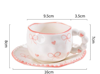 Hand-Painted Ceramic Coffee Mug and Saucer Set - Whimsical Afternoon Tea Cup with Spoon(Pink-edged bow)