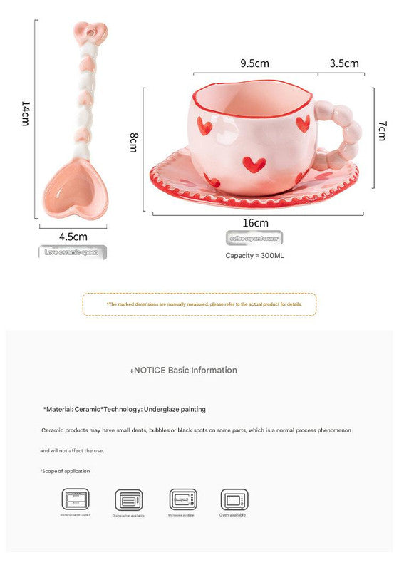 Hand-Painted Ceramic Coffee Mug and Saucer Set - Whimsical Afternoon Tea Cup with Spoon(Pink-edged bow)
