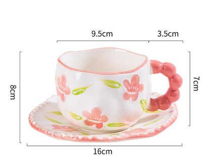 Hand-Painted Ceramic Coffee Mug and Saucer Set - Whimsical Afternoon Tea Cup with Spoon(Smiley pink flower)