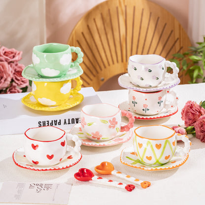 Hand-Painted Ceramic Coffee Mug and Saucer Set - Whimsical Afternoon Tea Cup with Spoon(Smiley pink flower)
