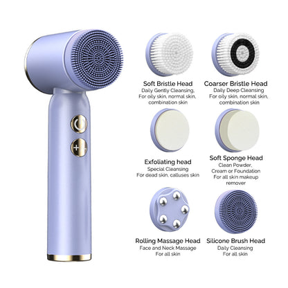 White 6-in-1 Electric Facial Cleansing Brush Set - Rechargeable & Waterproof